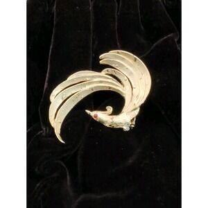 Vtg Mid Century Silver Tone Bird of Paradise Brooch Phoenix Red Rhinestone Eye